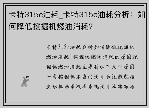 卡特315c油耗_卡特315c油耗分析：如何降低挖掘机燃油消耗？
