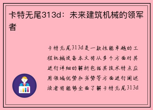 卡特无尾313d：未来建筑机械的领军者